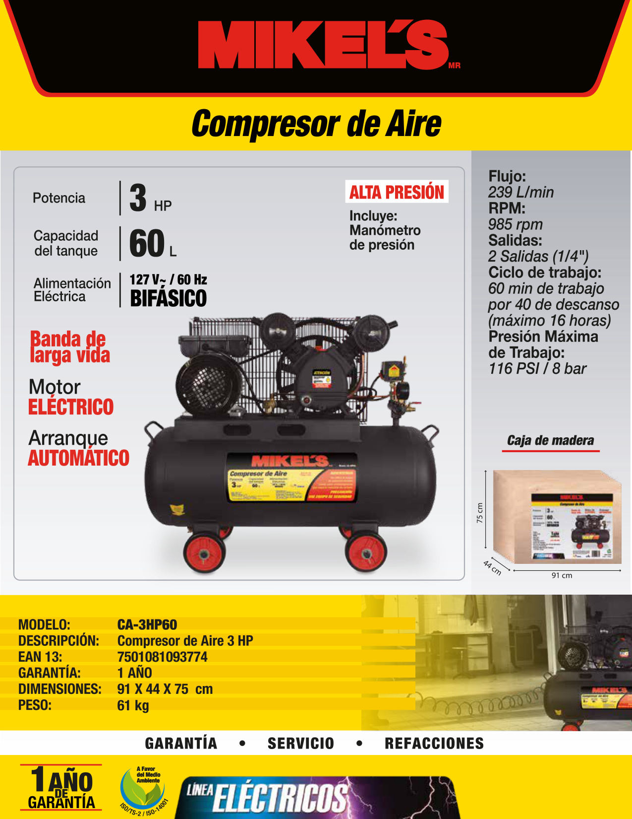 MIKELS CA-3HP60 Compresor de aire 3 HP con banda (60 lts) - Imagen 2