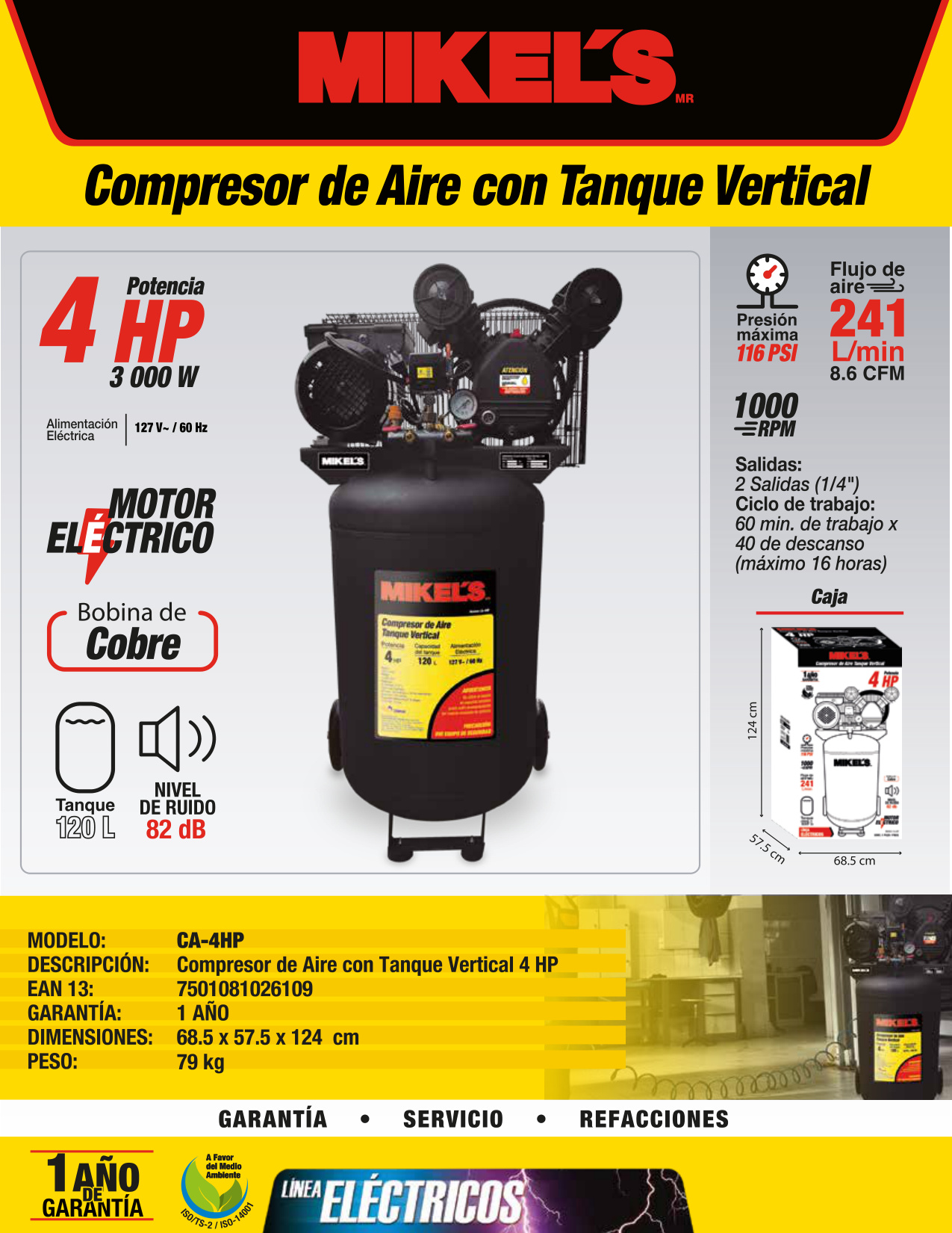 MIKELS CA-4HP Compresor de aire vertical 4 HP (120 lts) - Imagen 2