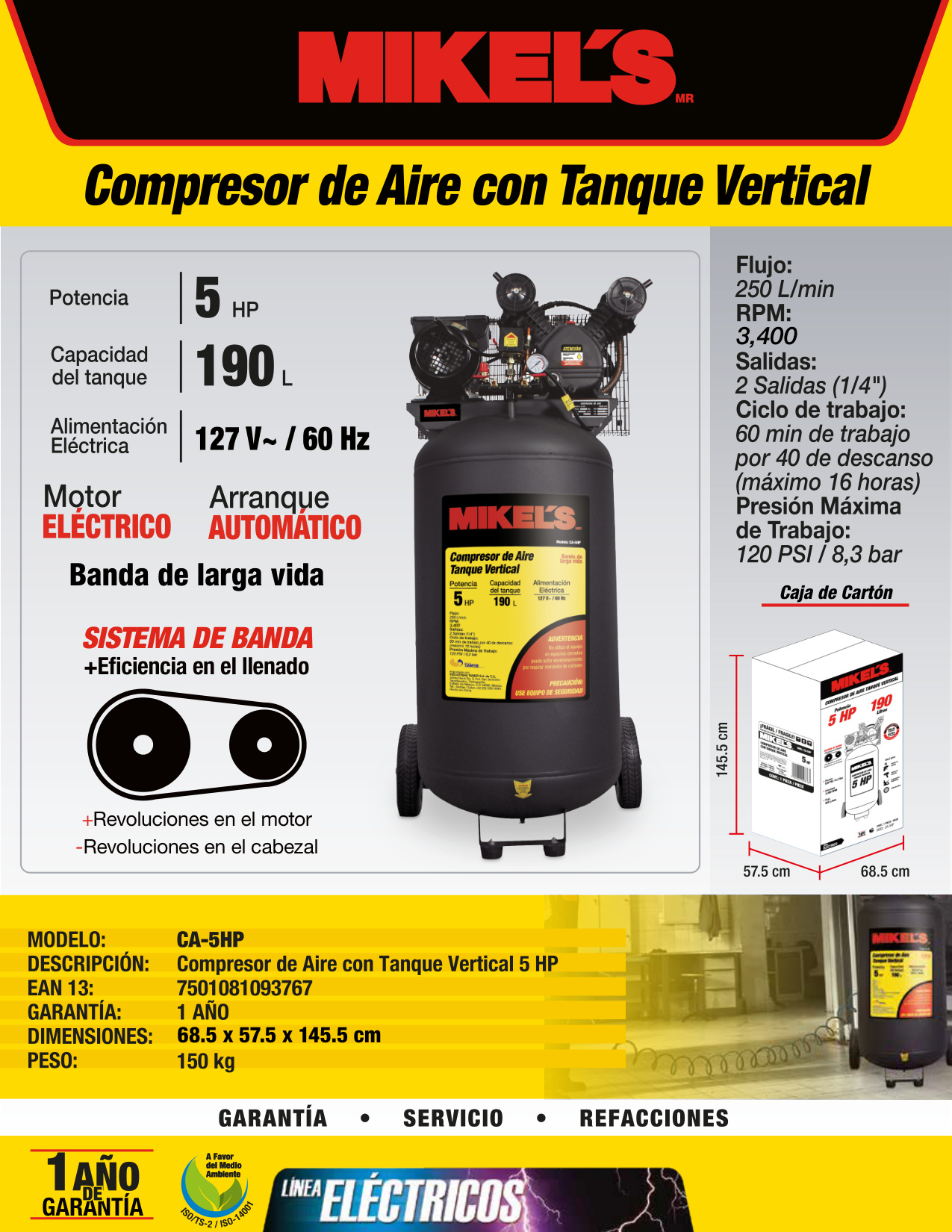 MIKELS CA-5HP Compresor de aire 5 HP (190 lts) - Imagen 4