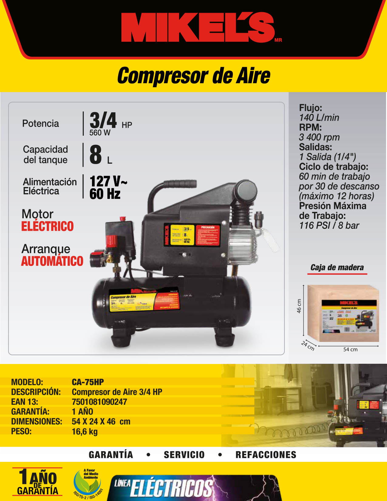 MIKELS CA-75HP Compresor de aire 3/4 HP (8 lts) - Imagen 4