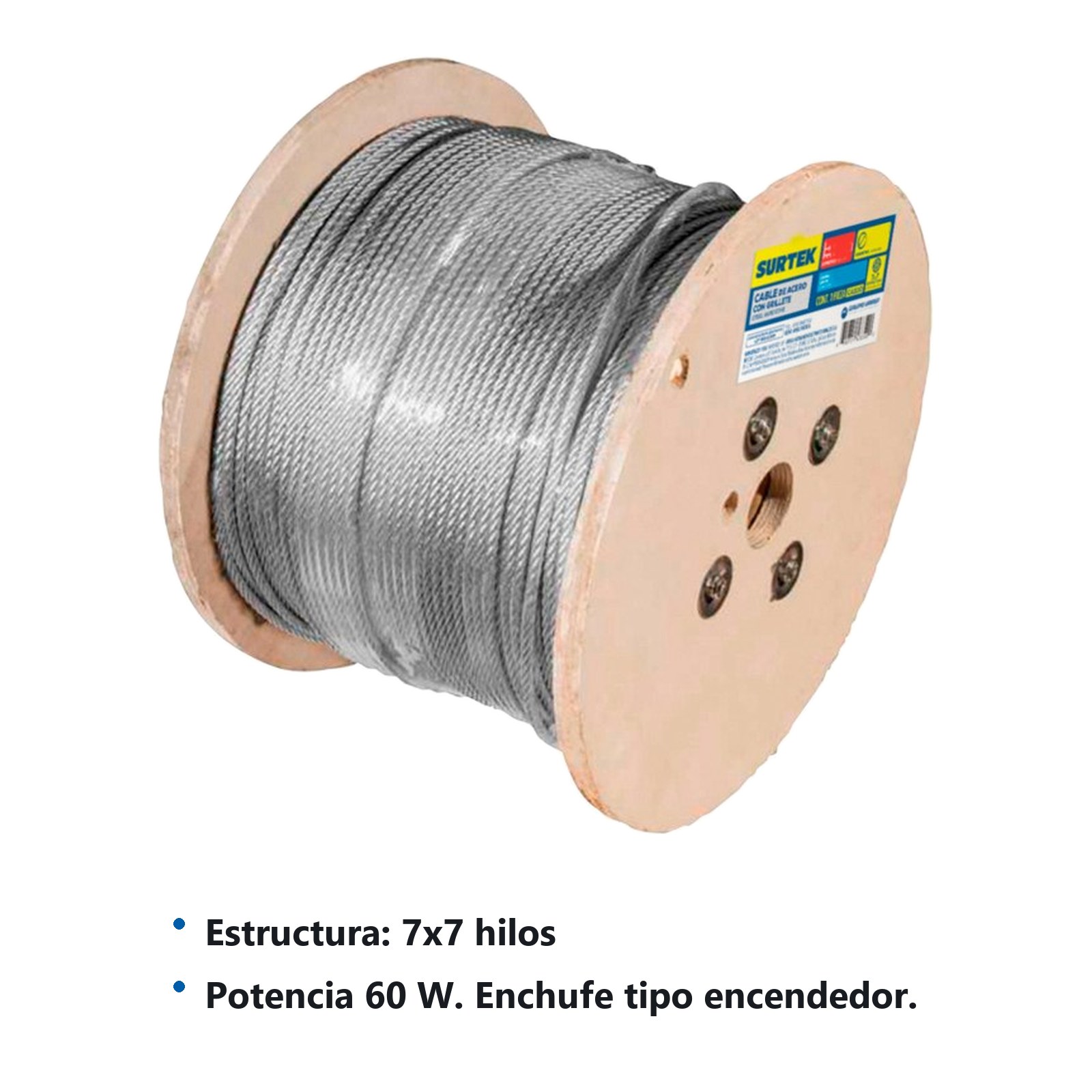 Cable de acero con grillete 7 x 7 hilos, 3/8" x 76 m Surtek - Imagen 2