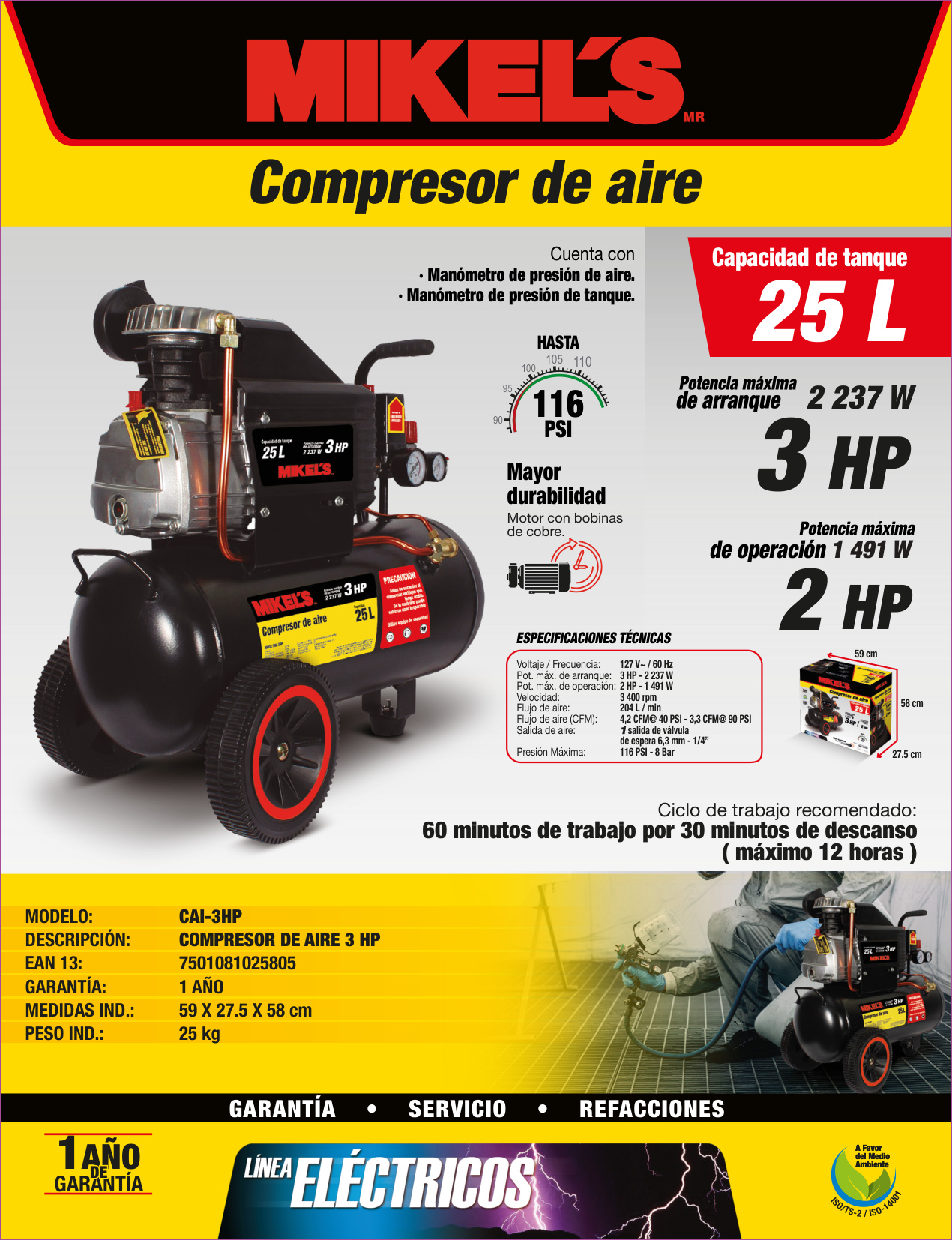 MIKELS CAI-3HP Compresor de aire 3 HP (25 lts) - Imagen 2