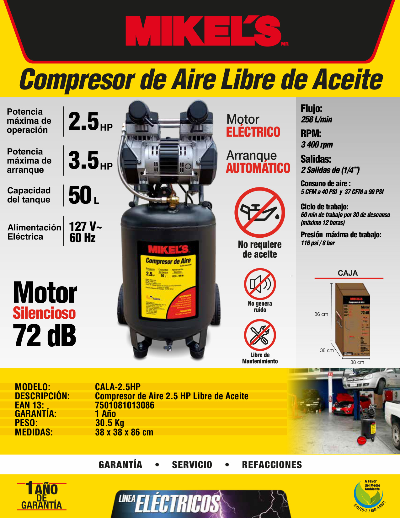 MIKELS CALA-2.5HP Compresor de aire 2.5 HP (50 lts) LIBRE DE ACEITE - Imagen 4