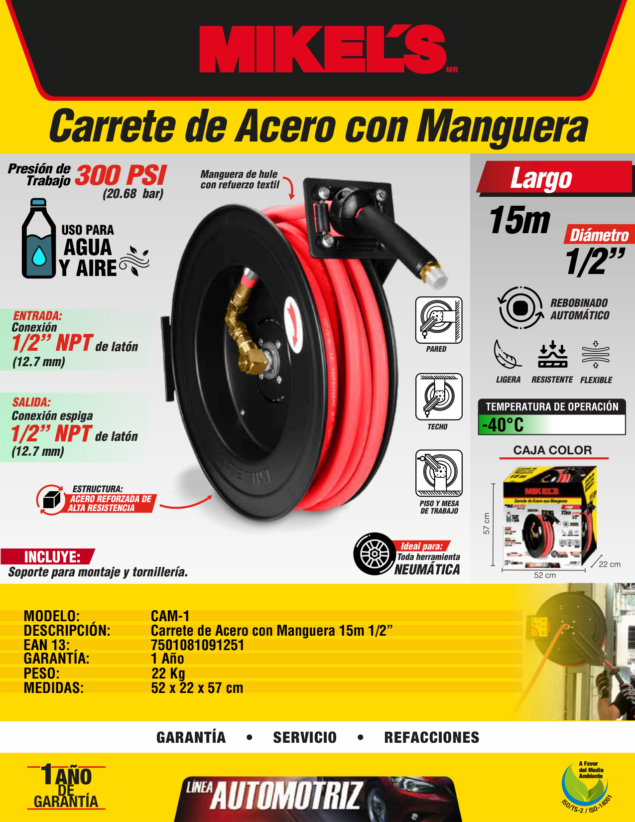 MIKELS CAM-1 Carrete de acero con manguera, 1/2”  sistema retráctil (15 mts) - Imagen 4