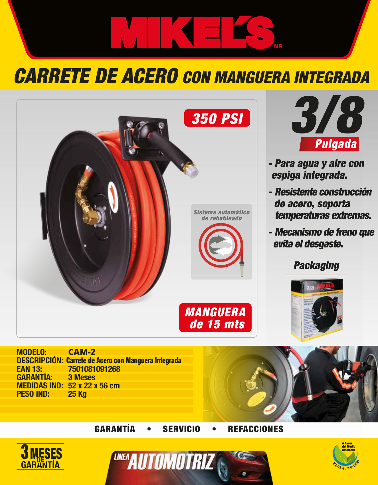 MIKELS CAM-2 Carrete de acero con manguera, 3/8” sistema retráctil (15 mts) - Imagen 4