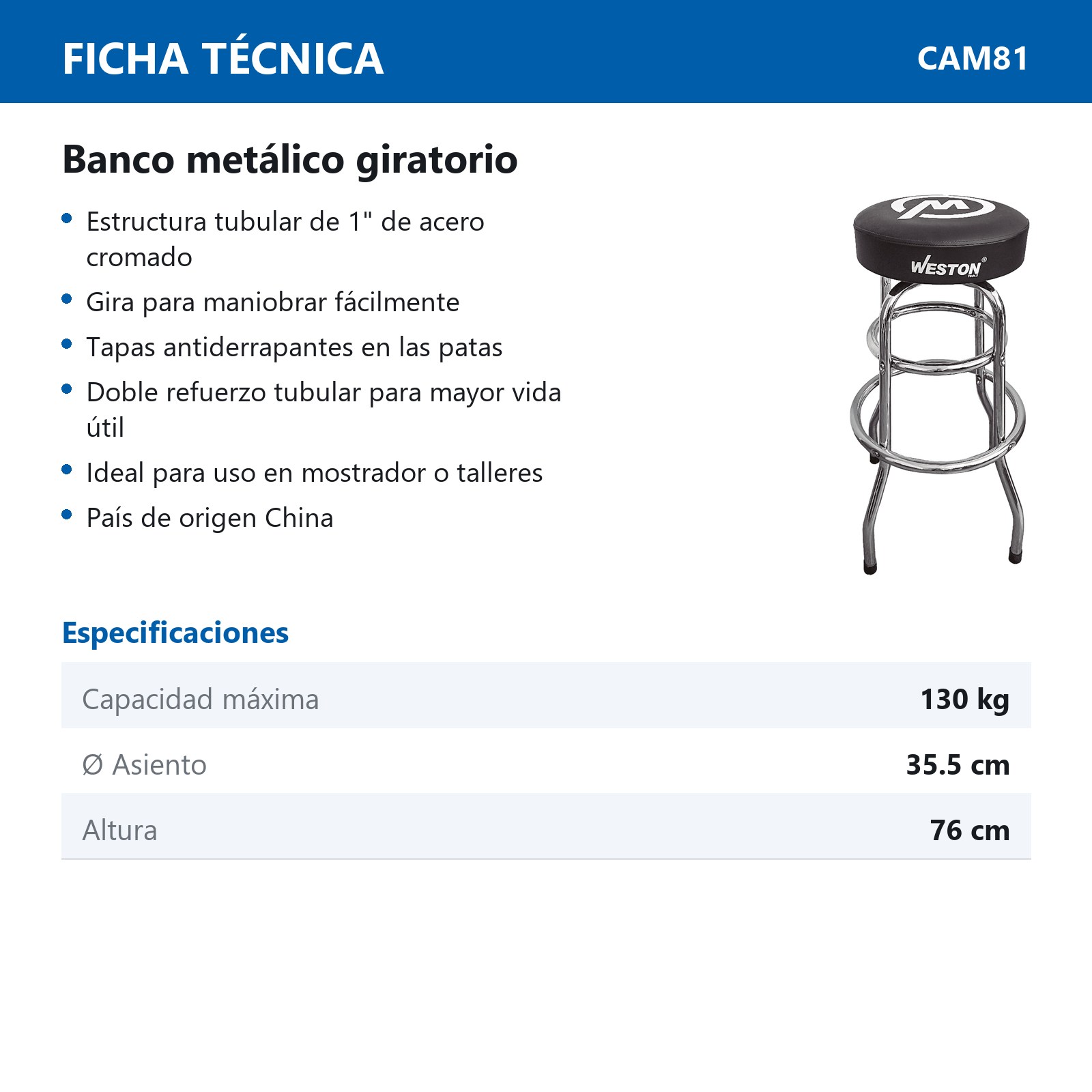 BANCO METALICO GIRATORIO 360° CON  ESPUMA DE PU GRUESA NEGRO MATE, Ø ASIENTO 35,5 cm ALTURA 8,8 cm - Imagen 2