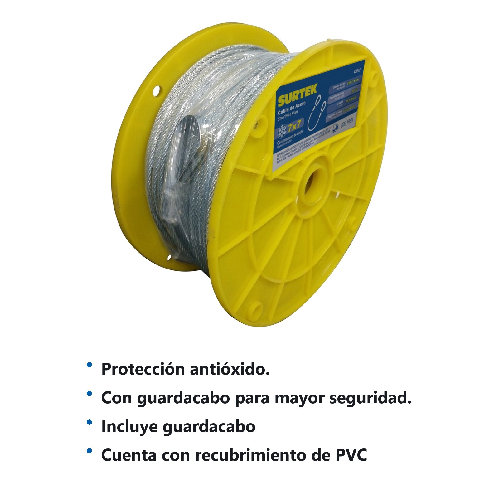Cable de acero con guardacabo recubrimiento PVC 1/16" x 76 m construcción de 7 x 7 Surtek - Imagen 2