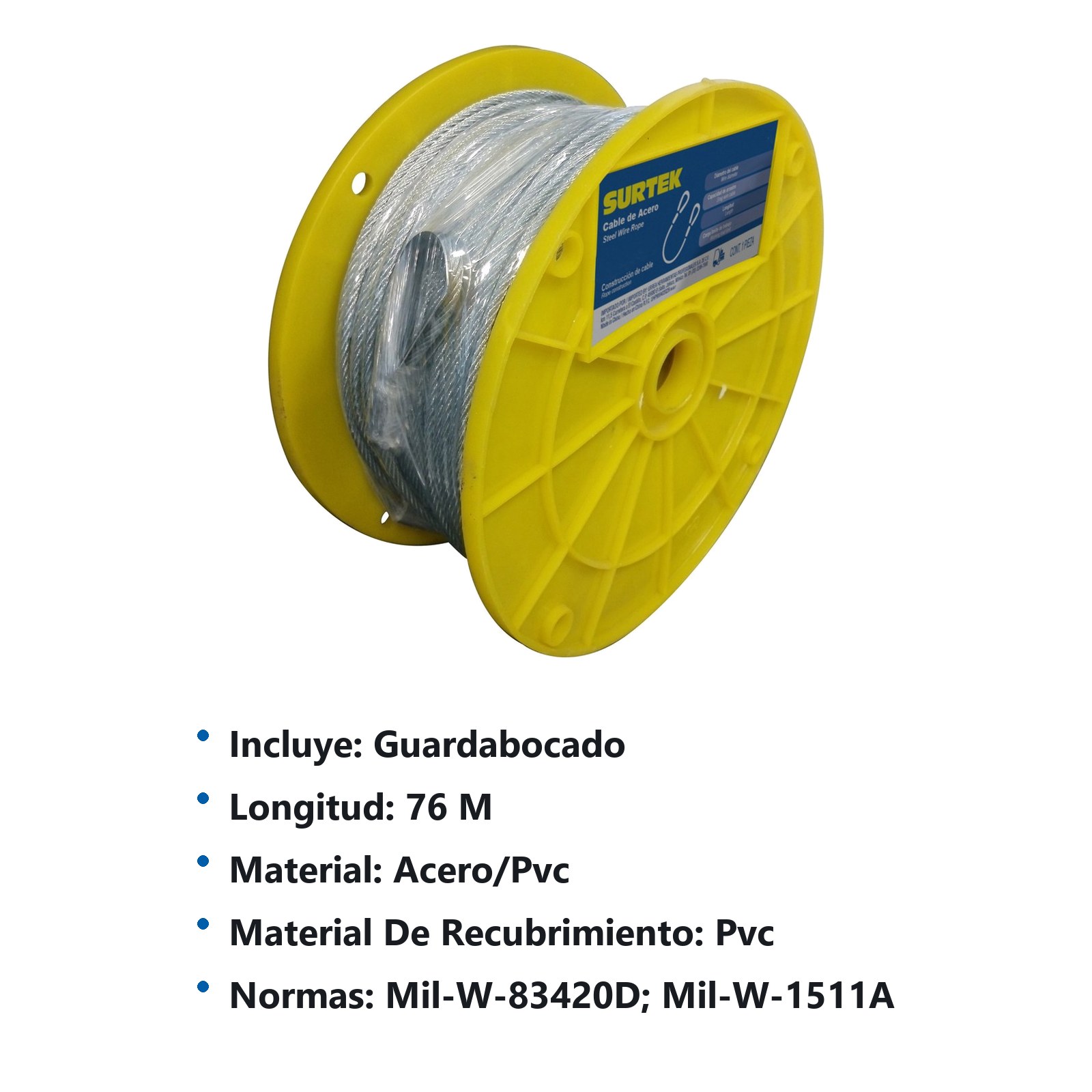 Cable de acero con guardacabo recubrimiento PVC 1/8" x 76 m construcción de 7 x 7 Surtek - Imagen 2