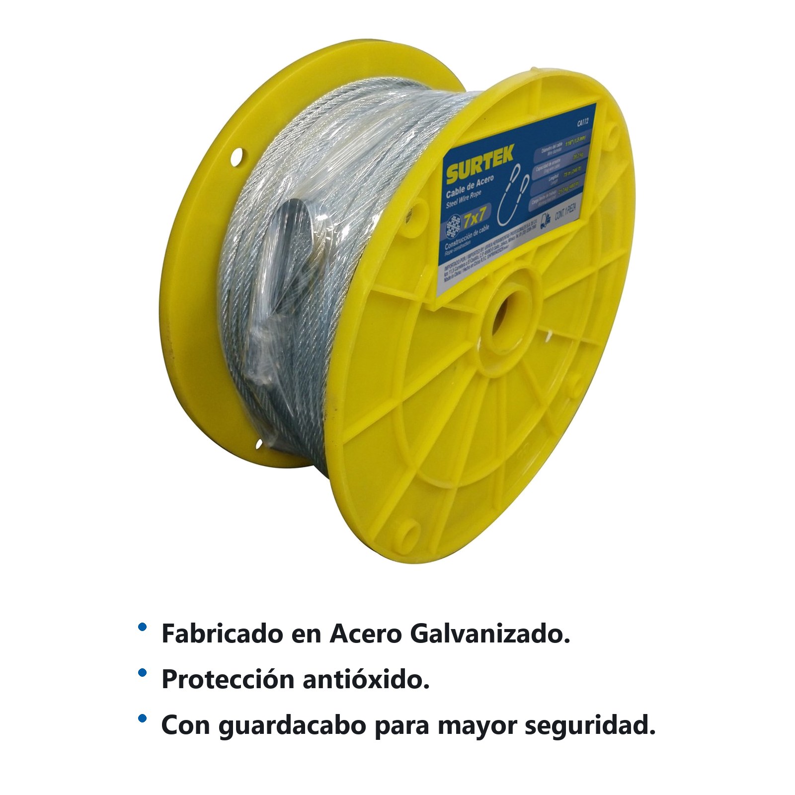 Cable de acero con guardacabo recubrimiento PVC 3/16" x 76 m construcción de 7 x 7 Surtek - Imagen 2
