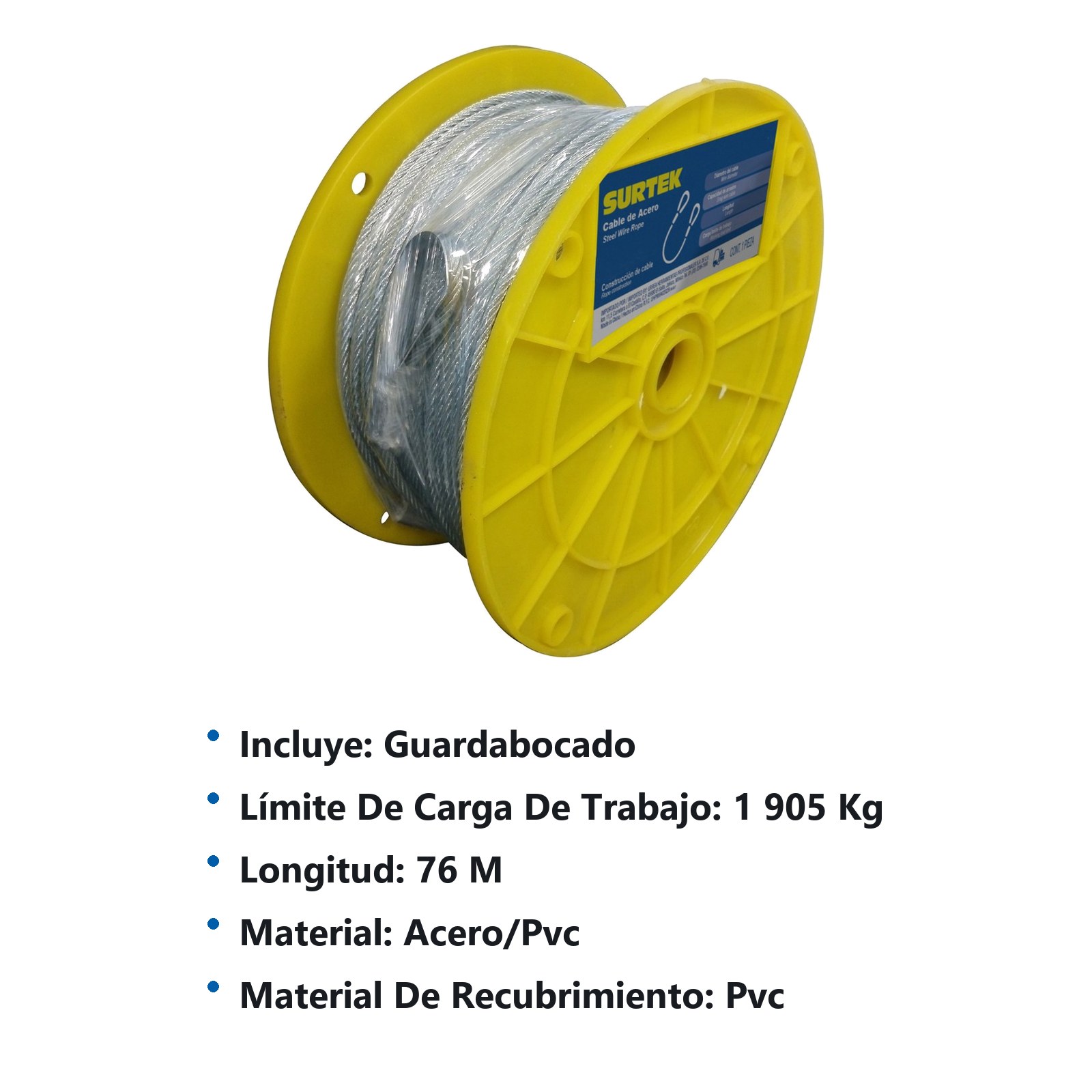 Cable de acero con guardacabo recubrimiento PVC negro 3/16" x 76 m construcción de 7 x 19 Surtek - Imagen 2