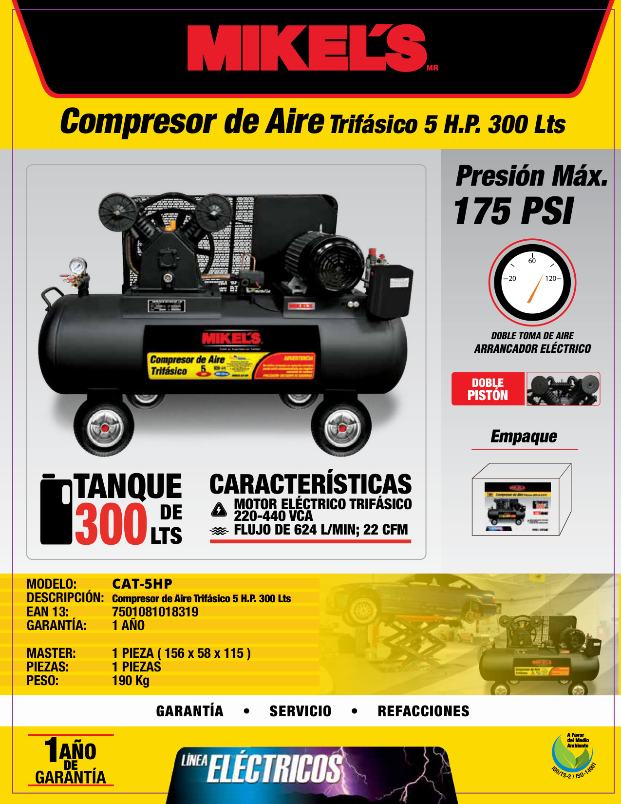 MIKELS CAT-5HP Compresor trifásico 5 HP (300 lts) - Imagen 4
