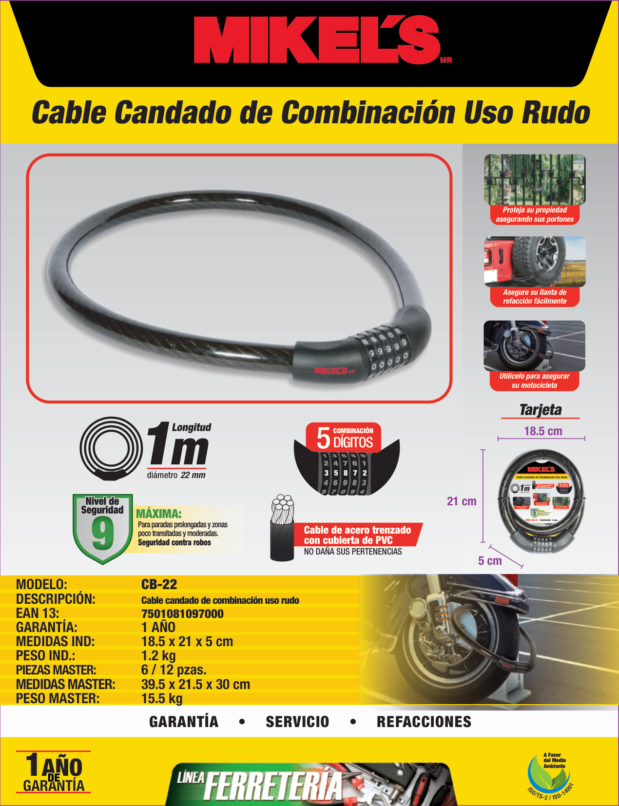 MIKELS CB-22 Cable candado de combinación uso rudo (1 mt) - Imagen 4
