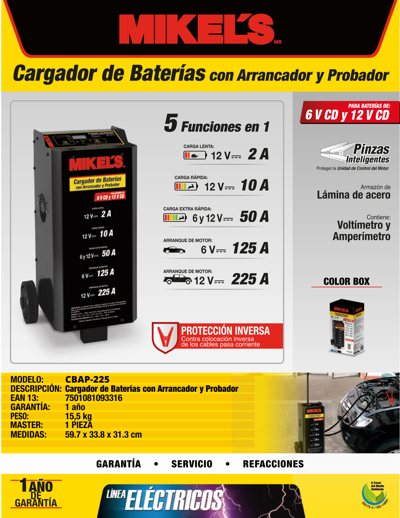 MIKELS CBAP-225 Cargador baterías con arrancador y amperímetro (2/10/50/125/225 amp) - Imagen 4