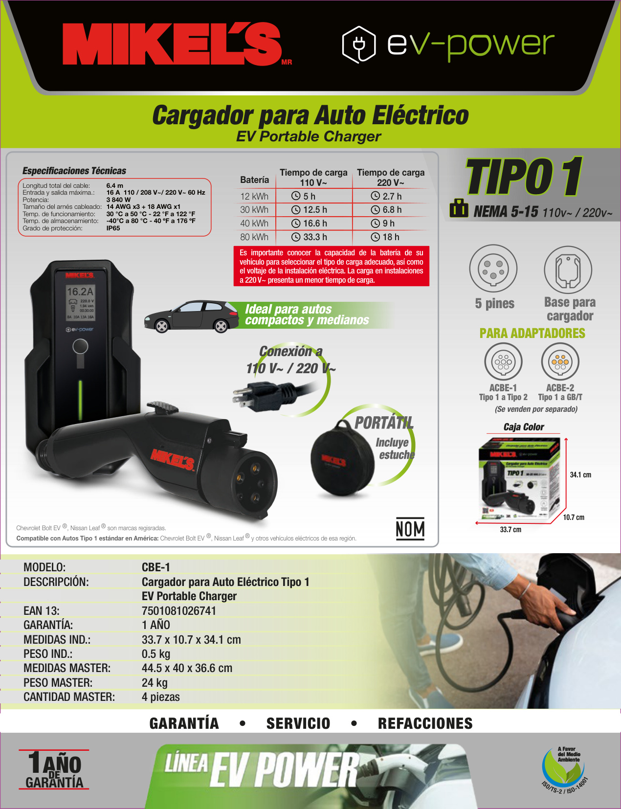 MIKELS CBE-1 Cargador para auto eléctrico EV, portátil (16 amp) - Imagen 2