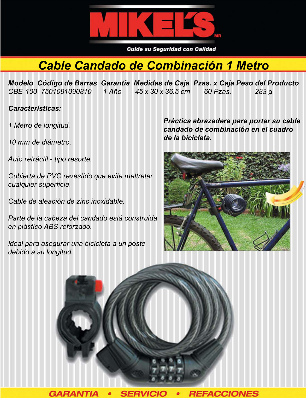 MIKELS CBE-100 Cable candado en espiral retráctil con combinación 4 dígitos (1 mt) - Imagen 4