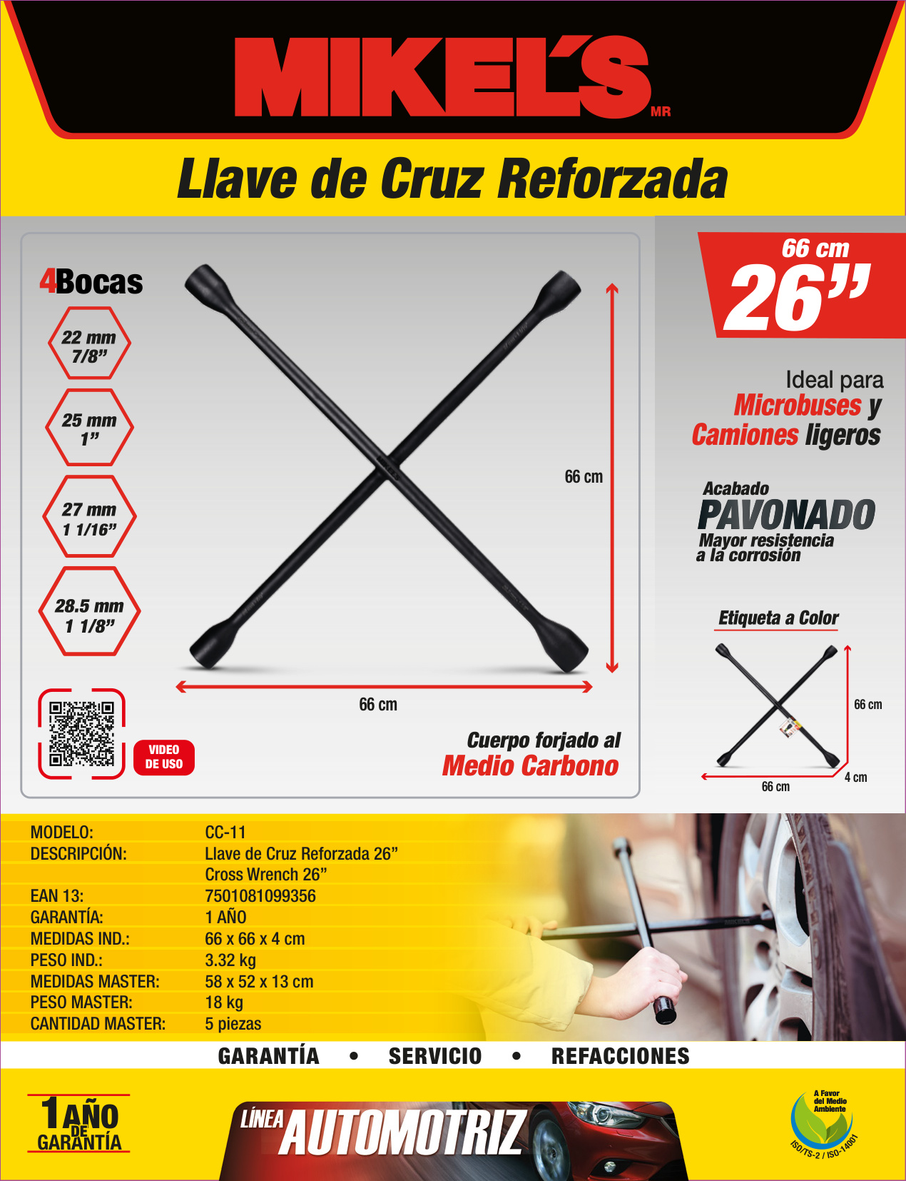 MIKELS CC-11 Llave de cruz reforzada para microbús 26” (7/8” - 1” - 1 1/16” - 1 1/8”) - Imagen 4