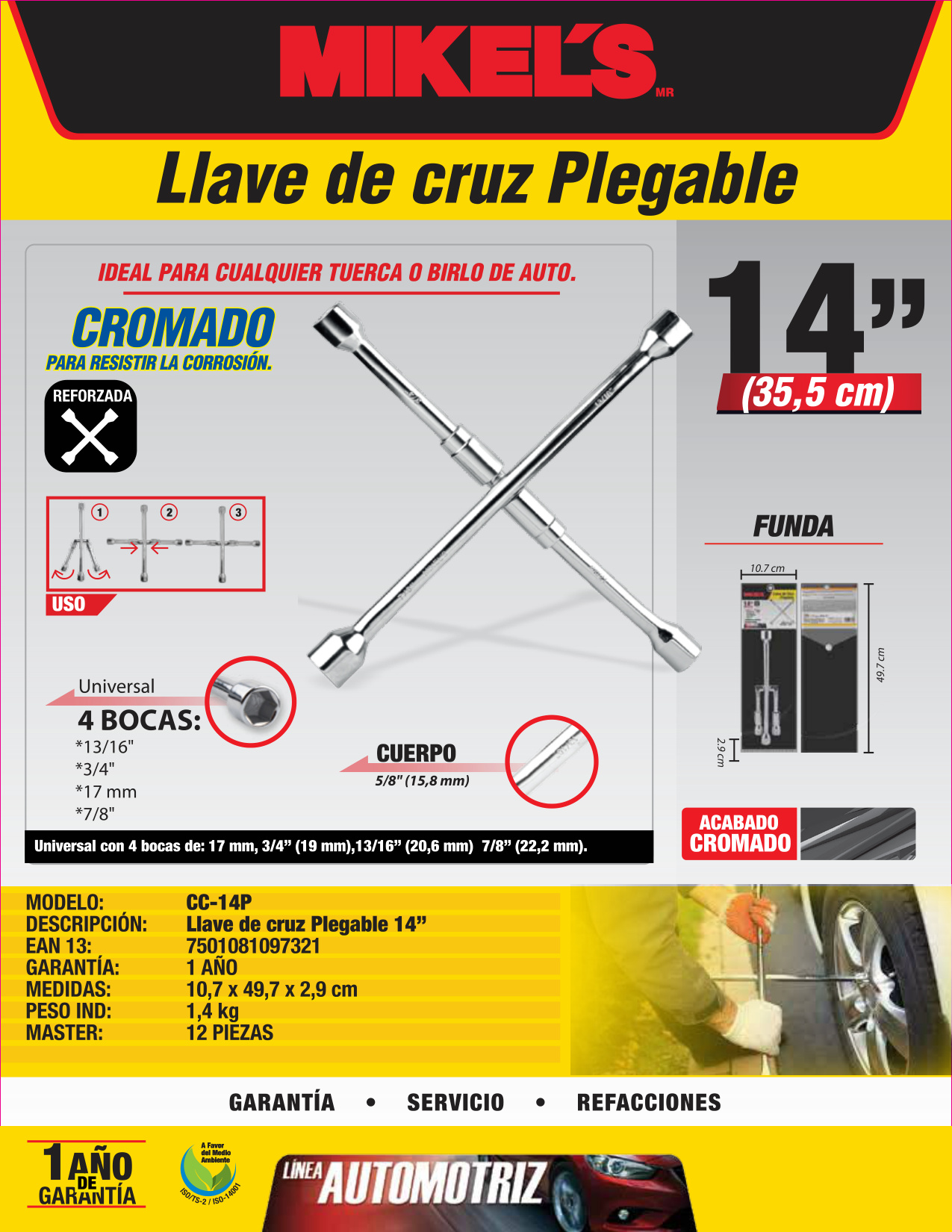 MIKELS CC-14P Llave de cruz plegable 14” (13/16” - 3/4” - 17mm - 7/8”) - Imagen 4