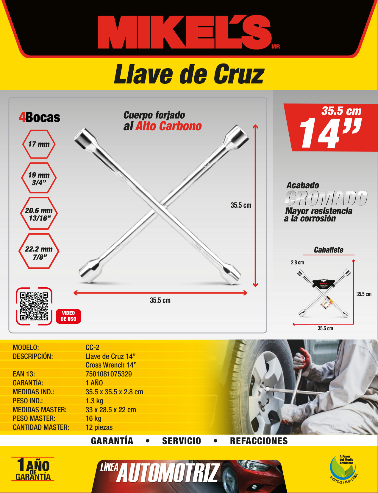MIKELS CC-2 Llave de cruz cromada 14” (13/16” - 3/4” - 17mm - 7/8”) - Imagen 4