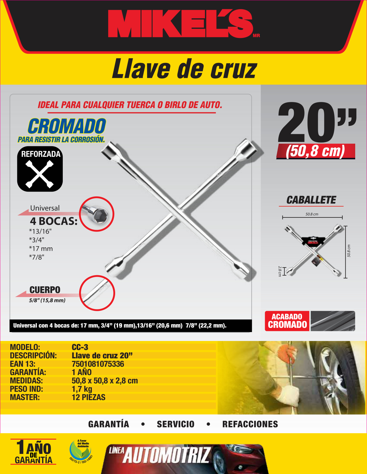 MIKELS CC-3 Llave de cruz cromada 20” (13/16” - 3/4” - 17mm - 7/8”) - Imagen 4