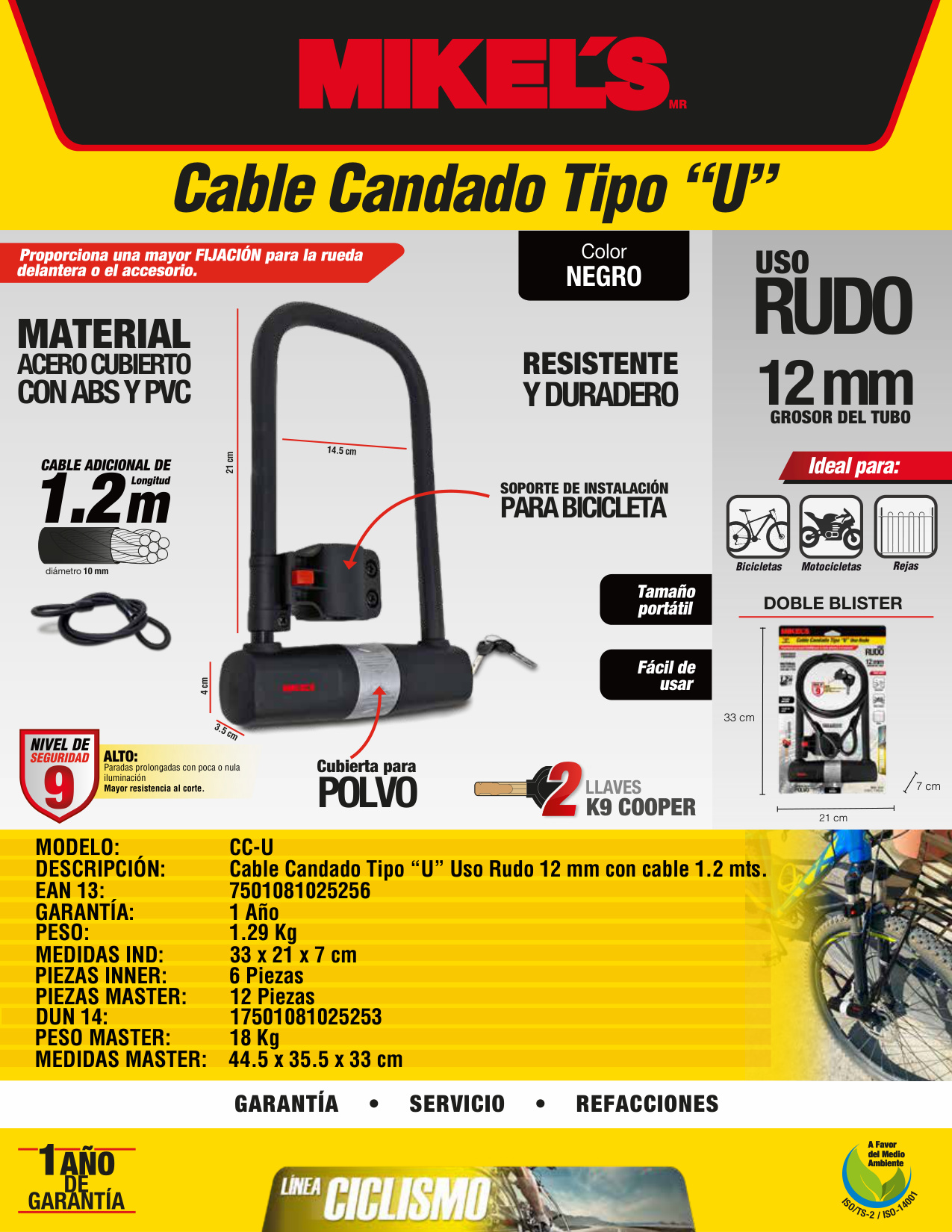 MIKELS CC-U Cable candado tipo U, rígido 12 Mm (cable 1.2 mts) - Imagen 4