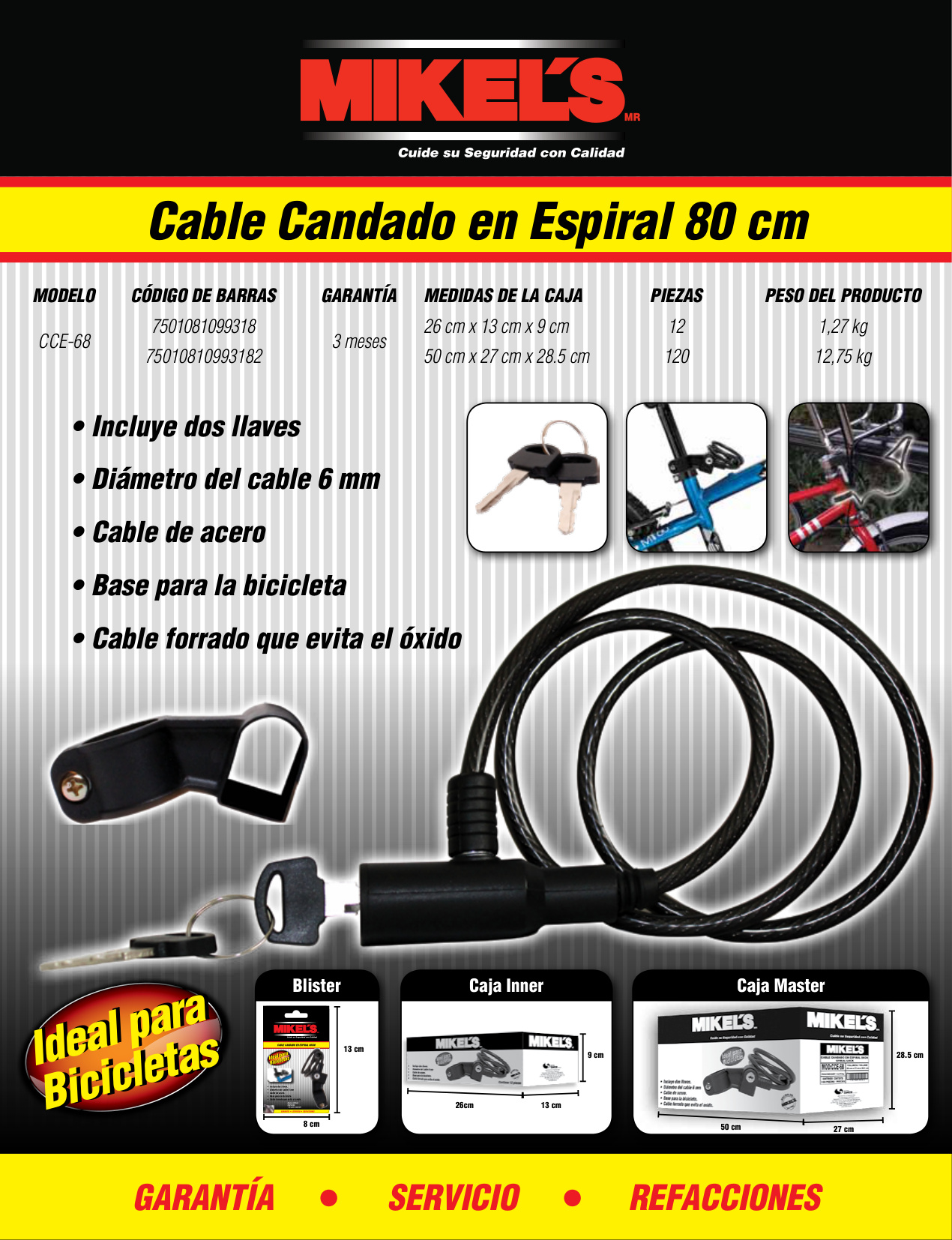 MIKELS CCE-68 Cable candado en espiral con llaves (80 cms) - Imagen 4