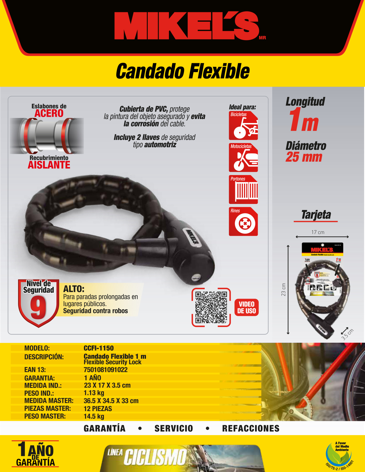 MIKELS CCFI-1150 Cable candado flexible con cubierta de acero (1 mt) - Imagen 4