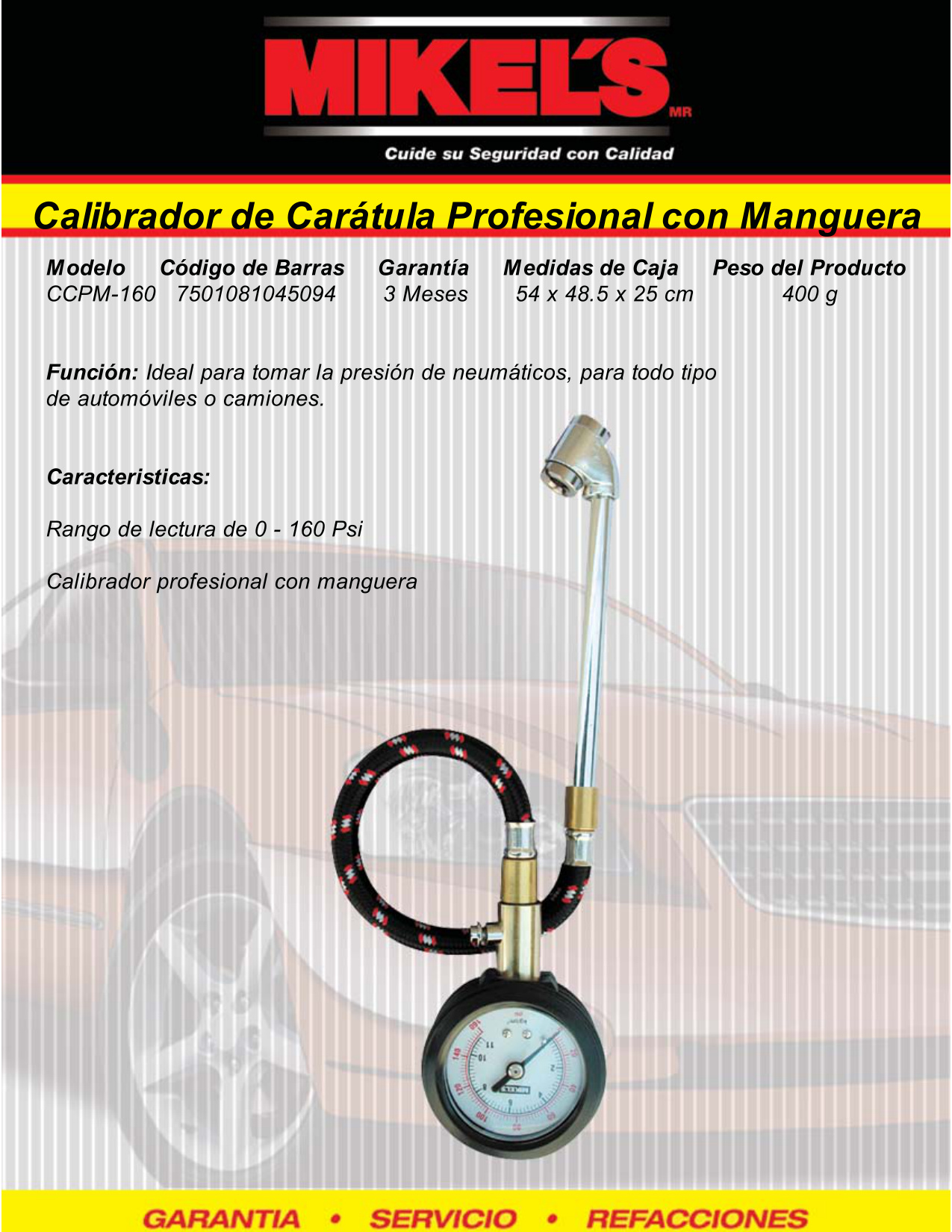 MIKELS CCPM-160 Calibrador de carátula profesional HD con manguera rango (0-160 PSI) - Imagen 4