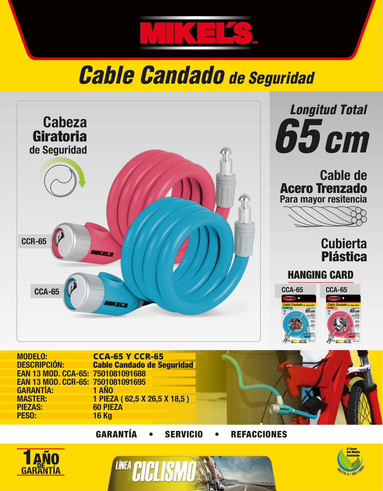 MIKELS CCR-65 Cable candado con llaves, color rosa (65 cms) - Imagen 4