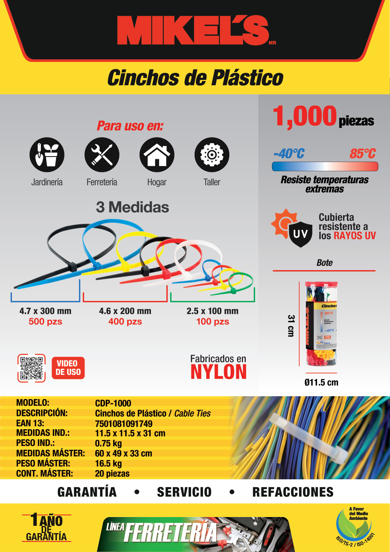 MIKELS CDP-1000 Cinchos de plástico Bote de plástico (1,000 pzas) - Imagen 4