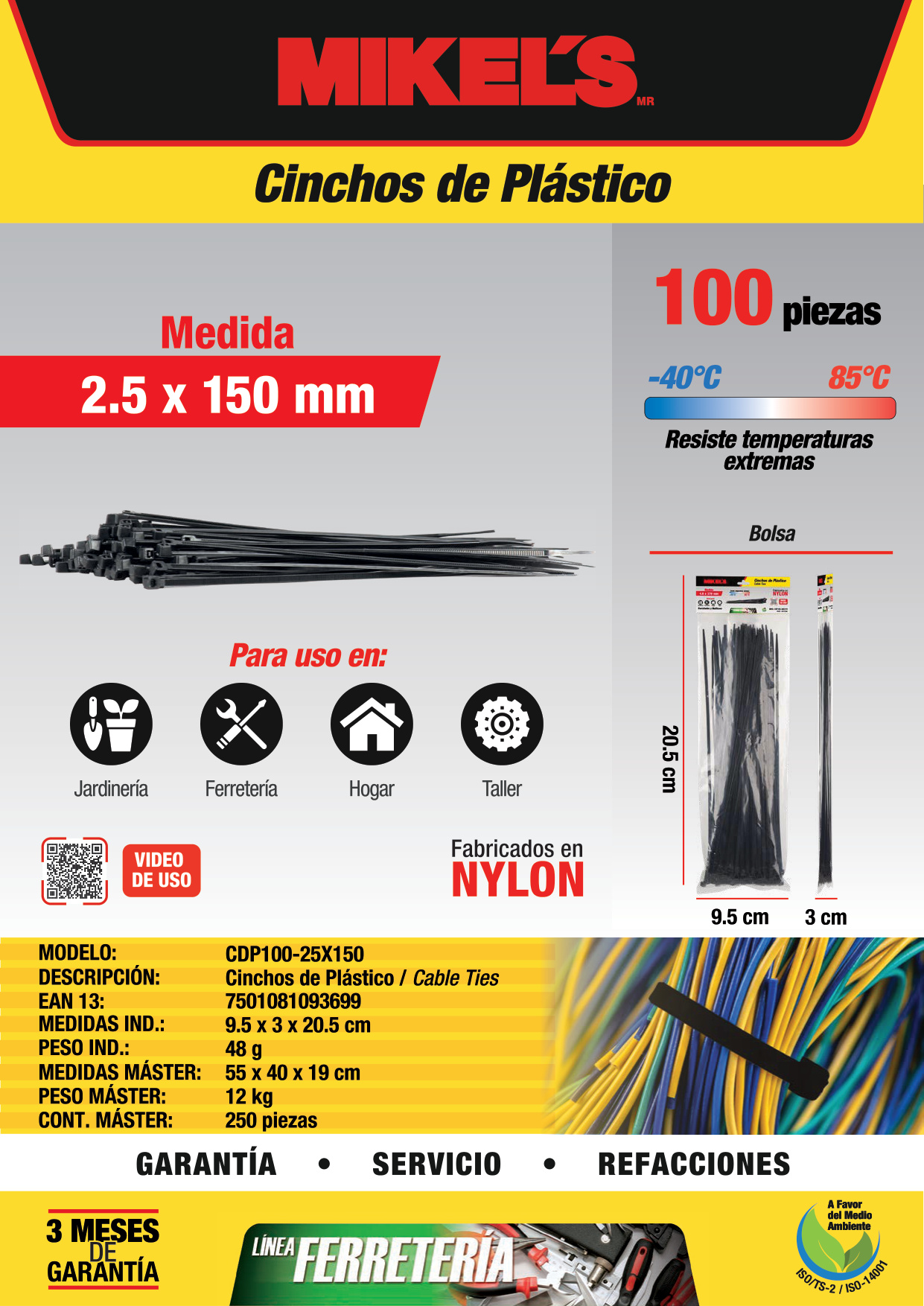 MIKELS CDP100-25X150 Cinchos de plástico 2.5x150 mm, 100 pzas,  Negro - Imagen 4