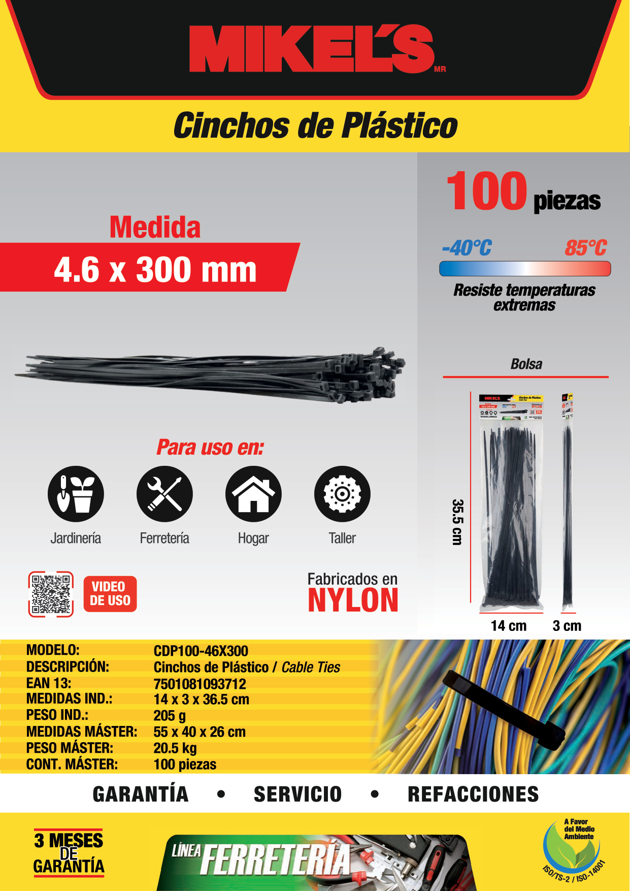MIKELS CDP100-46X300 Cinchos de plástico 4.6x300 mm, 100 pzas, Negro - Imagen 4