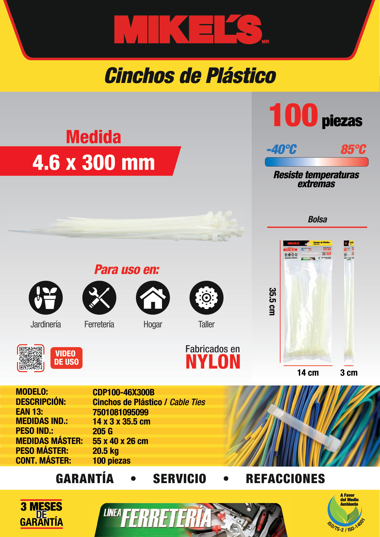MIKELS CDP100-46X300B Cinchos de plástico 4.6x300 mm, 100 pzas, Blanco - Imagen 4