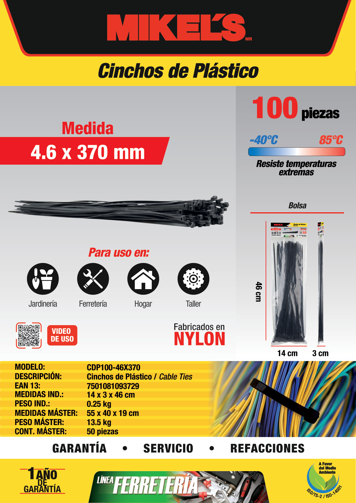 MIKELS CDP100-46X370 Cinchos de plástico 4.6x370 mm, 100 pzas, Negro - Imagen 4