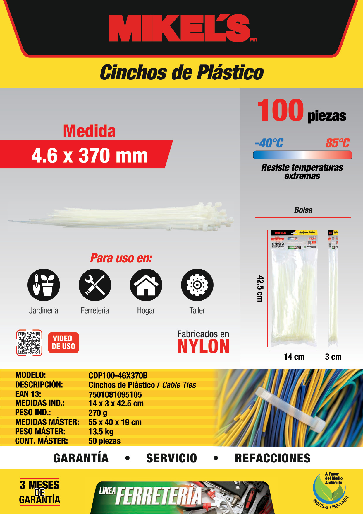 MIKELS CDP100-46X370B Cinchos de plástico 4.6x370 mm, 100 pzas, Blanco - Imagen 4
