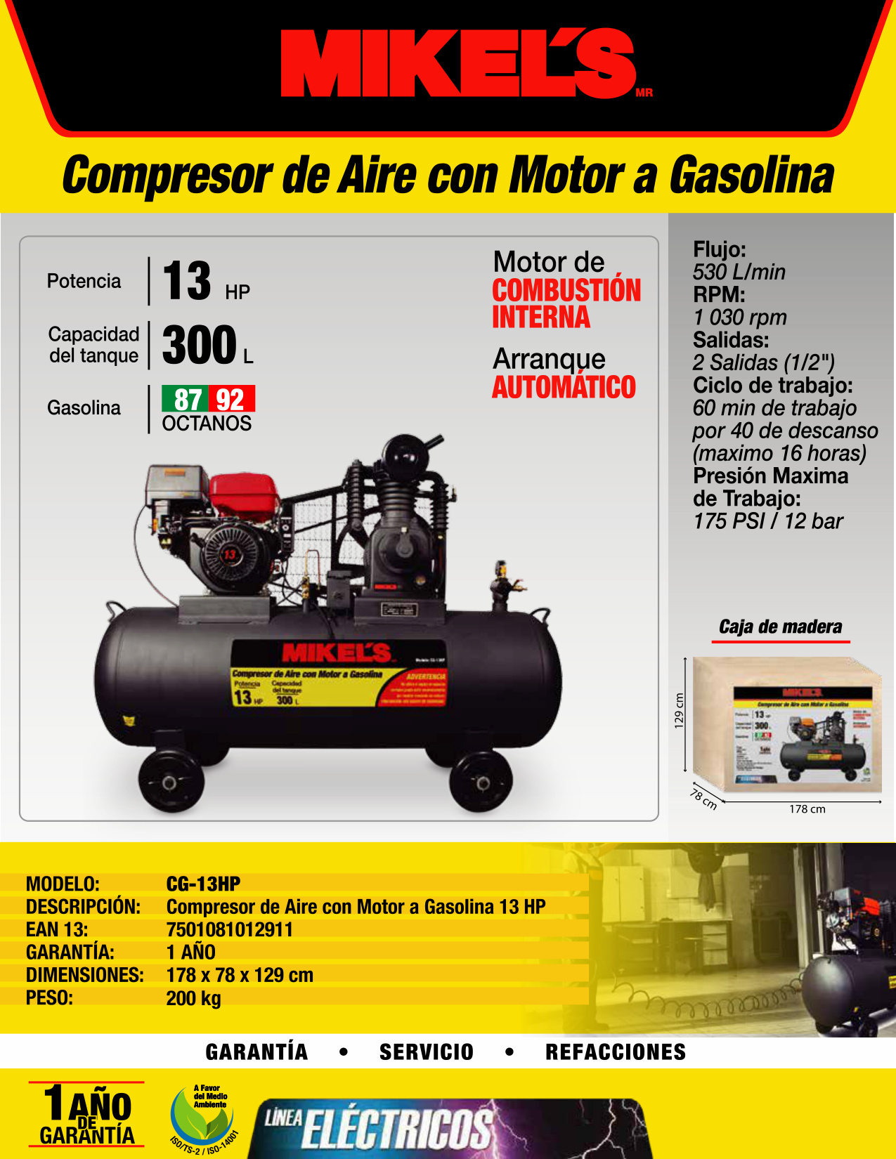 MIKELS CG-13HP Compresor de aire 13 HP Motor a gasolina (300 lts) - Imagen 4
