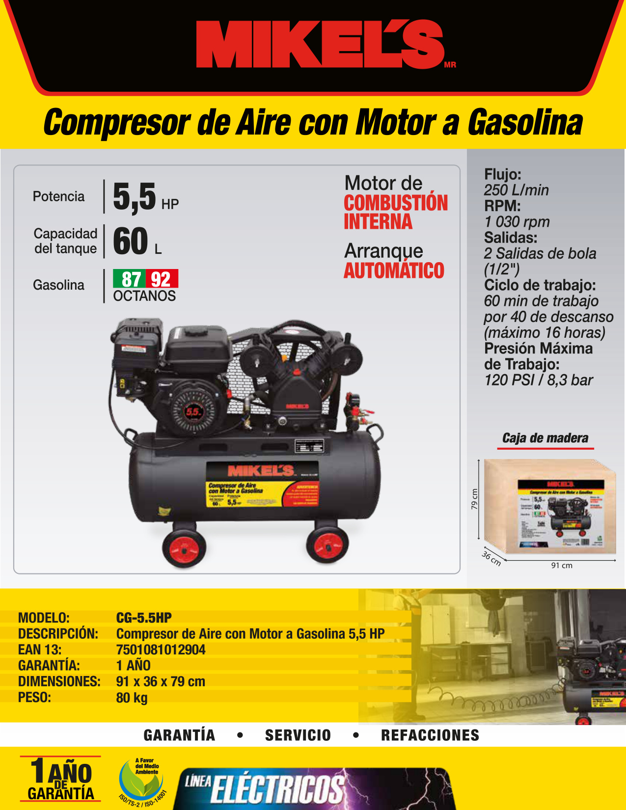 MIKELS CG-5.5HP Compresor de aire 5.5 HP Motor a Gasolina (60 lts) - Imagen 4
