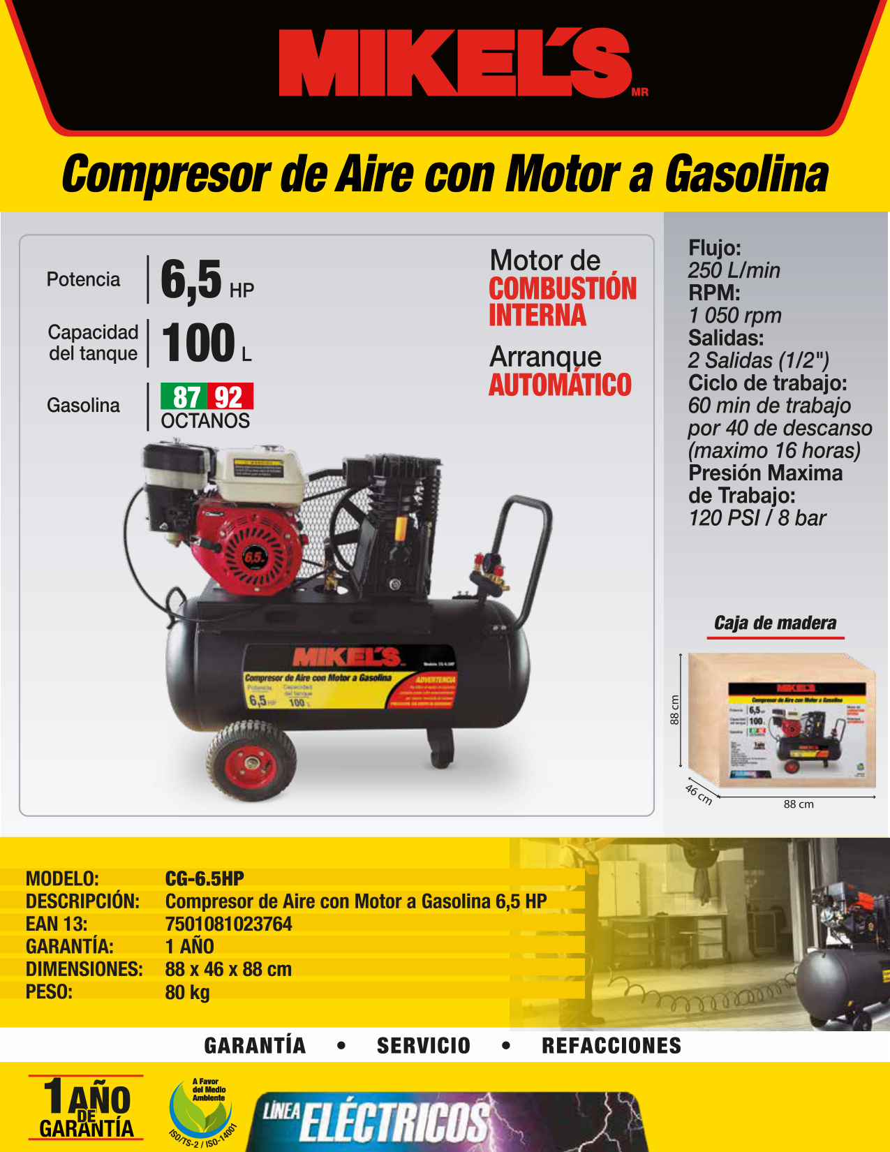 MIKELS CG-6.5HP Compresor de aire 6.5 HP Motor a Gasolina (100 lts) - Imagen 4