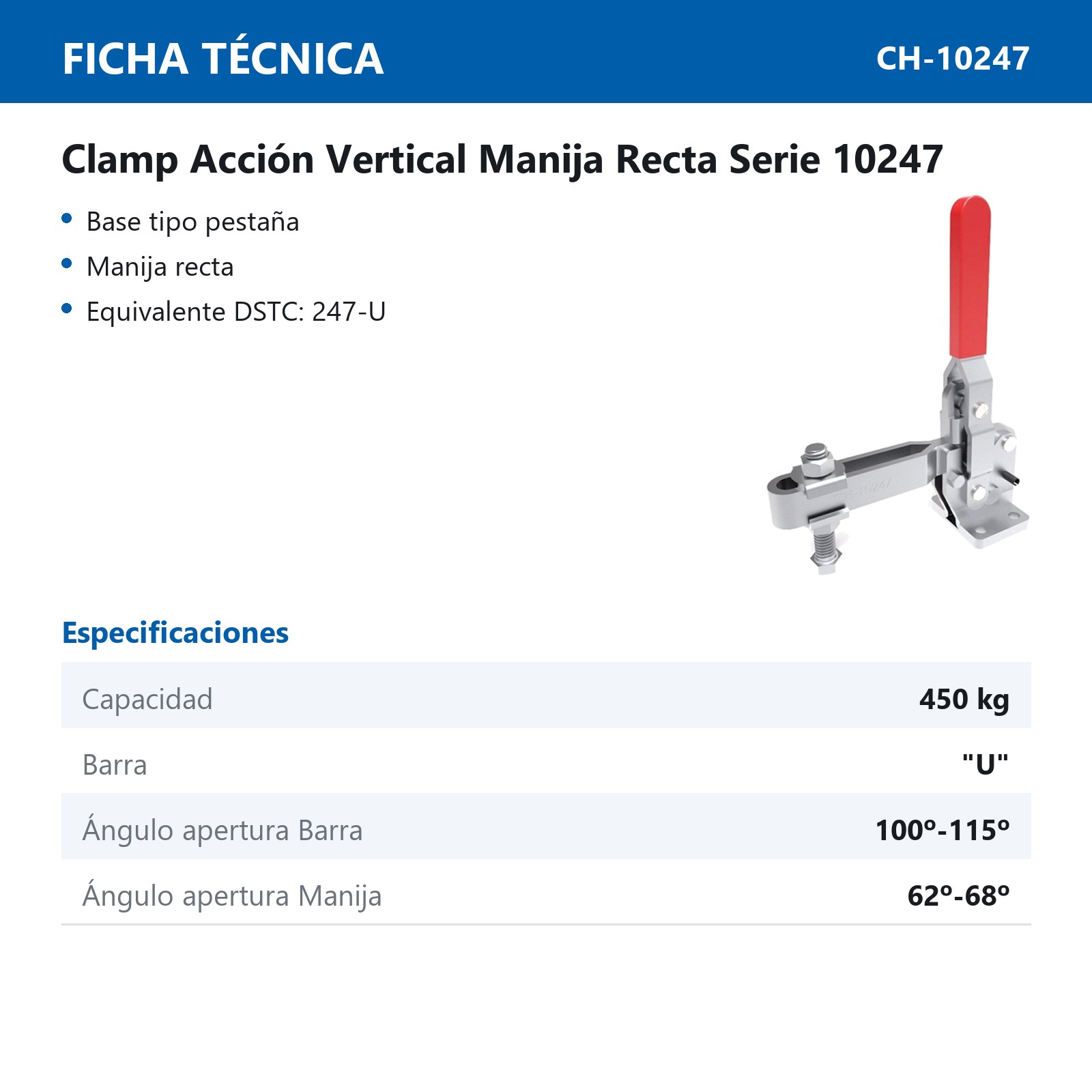 CLAMP ACCION VERT. MANIJA RECTA 450KG BARRA ''U - Imagen 2