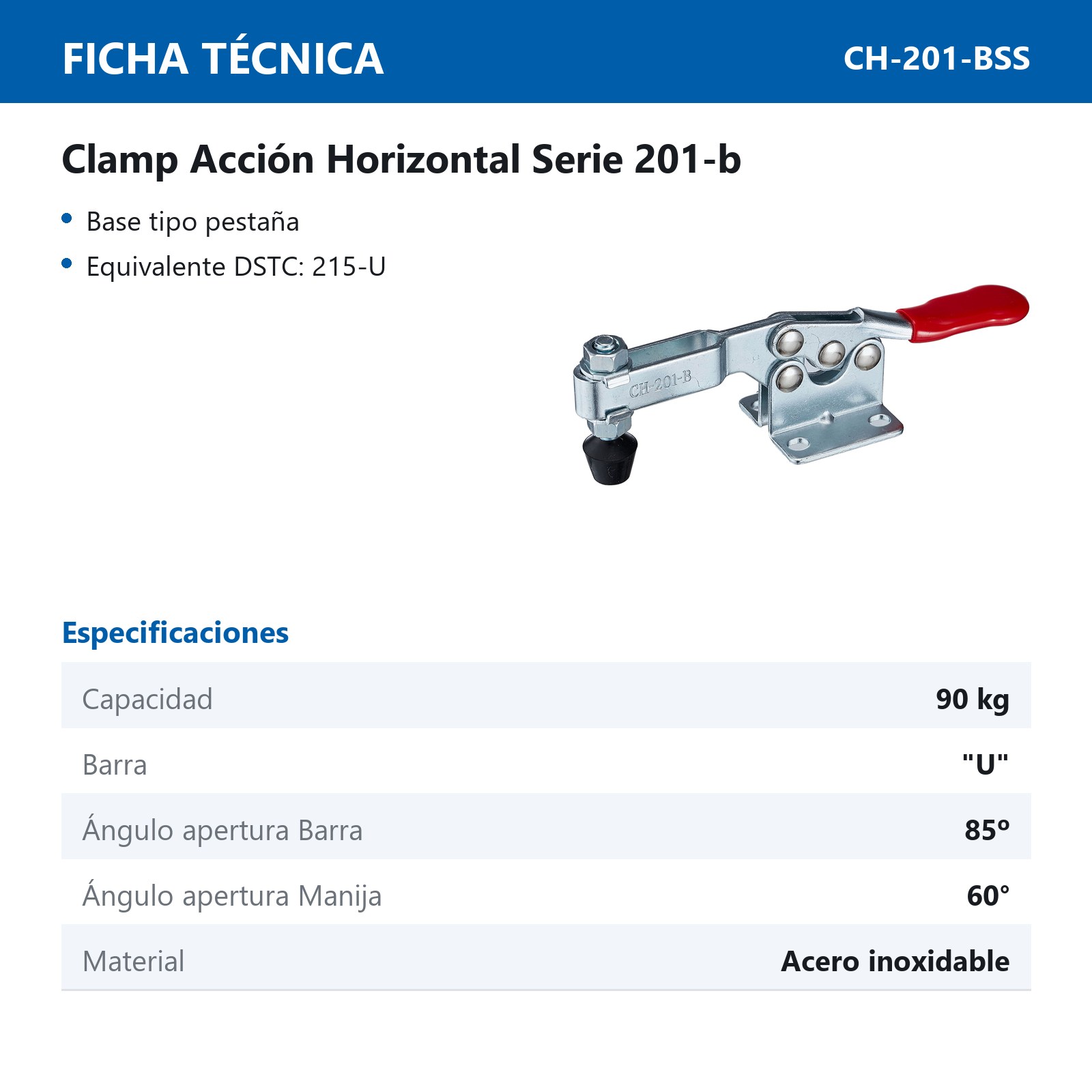 CLAMP ACCION HOR. 90KG BARRA ''U'' ACERO INOXIDABLE - Imagen 2