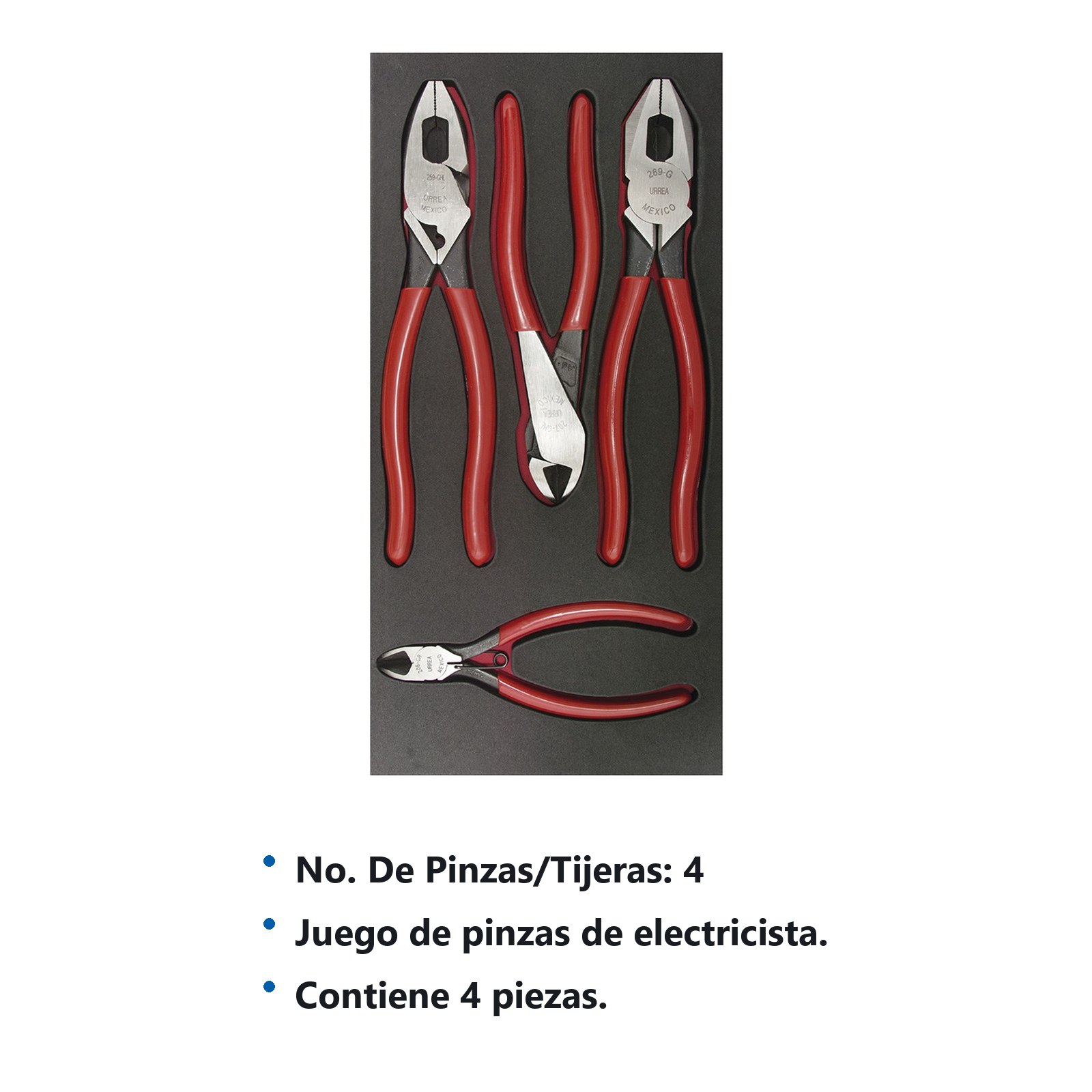 Juego de pinzas de electricista 4 piezas, charola CH126-C Urrea - Imagen 3