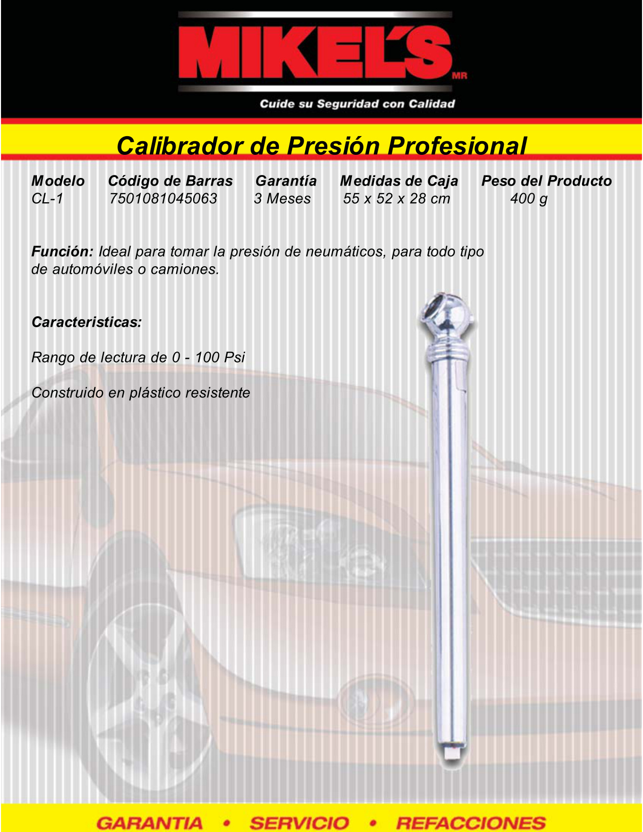 MIKELS CL-1 Calibrador de lujo tipo pluma rango (0-120 PSI) - Imagen 4