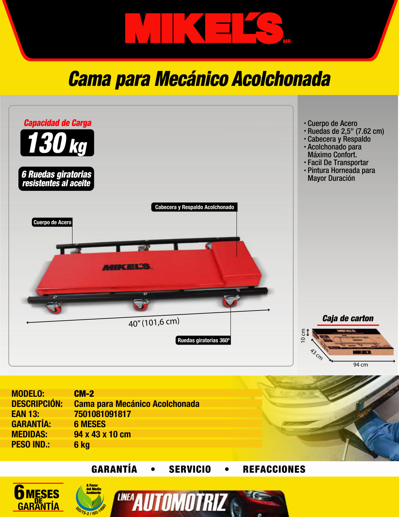 MIKELS CM-2 Cama acolchonada con 6 ruedas giratorias (36" largo) - Imagen 4