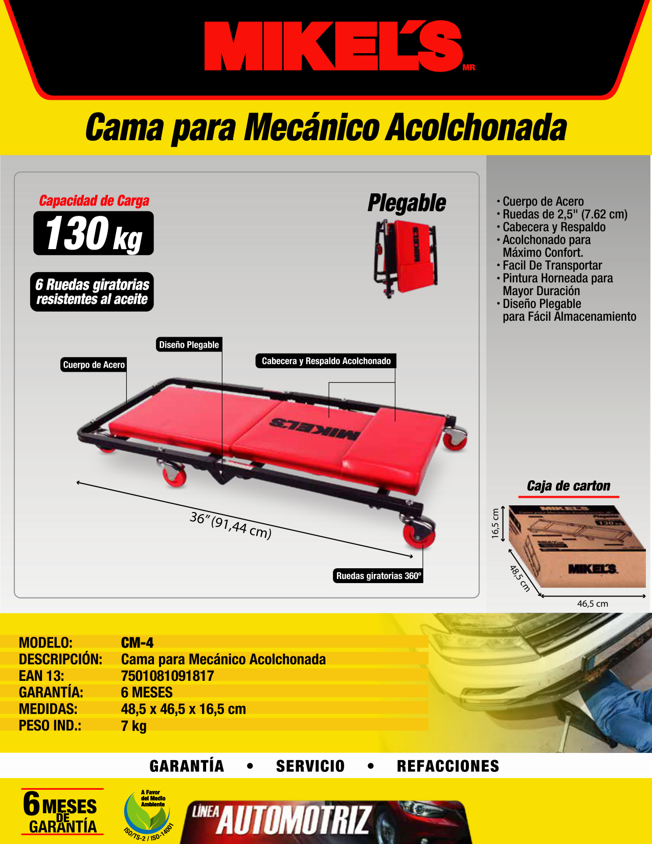 MIKELS CM-4 Cama acolchonada plegable con 6 ruedas giratorias (36" largo) - Imagen 4