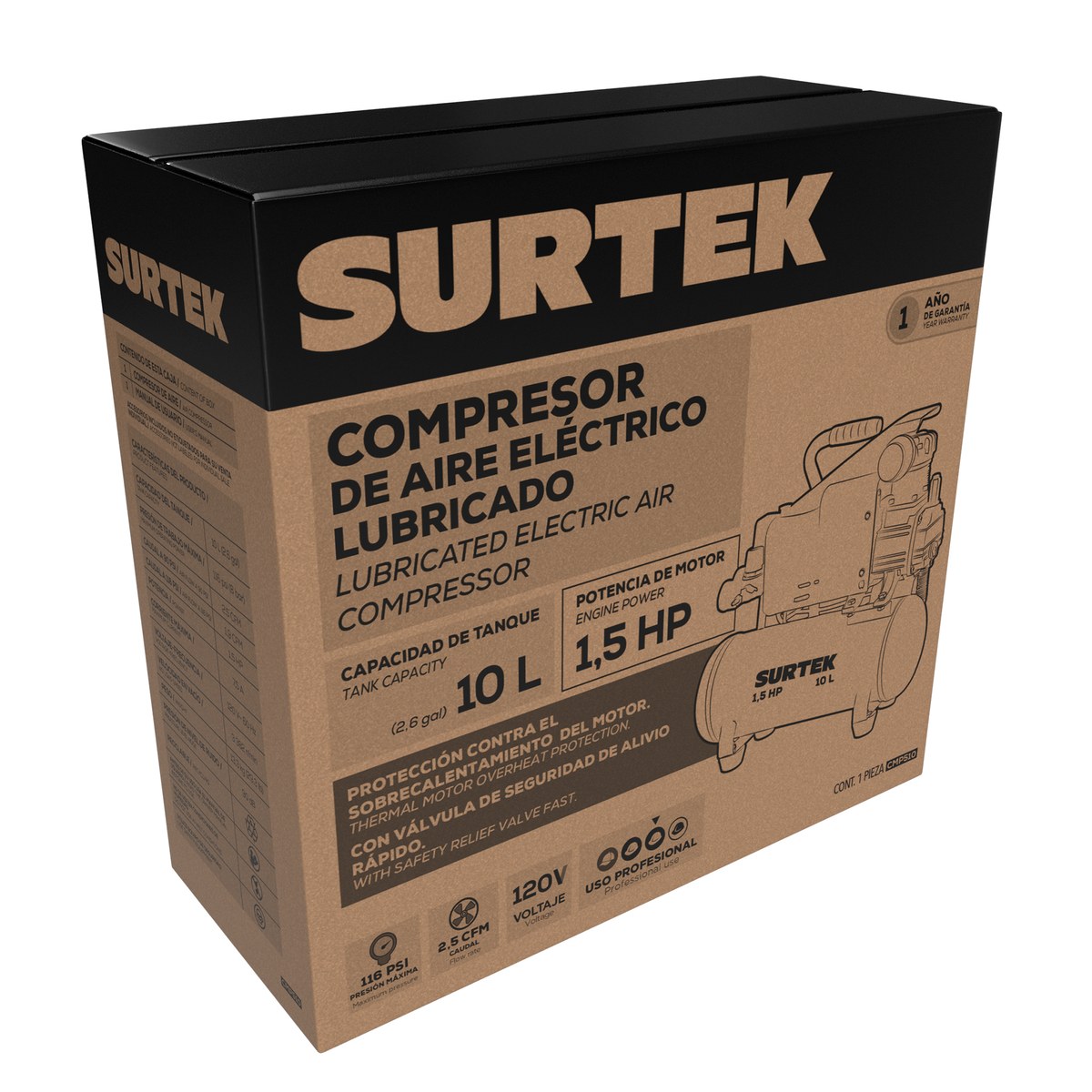 Compresor de aire eléctrico lubricado 10 Lt 1.5 HP, 120 V Surtek - Imagen 2