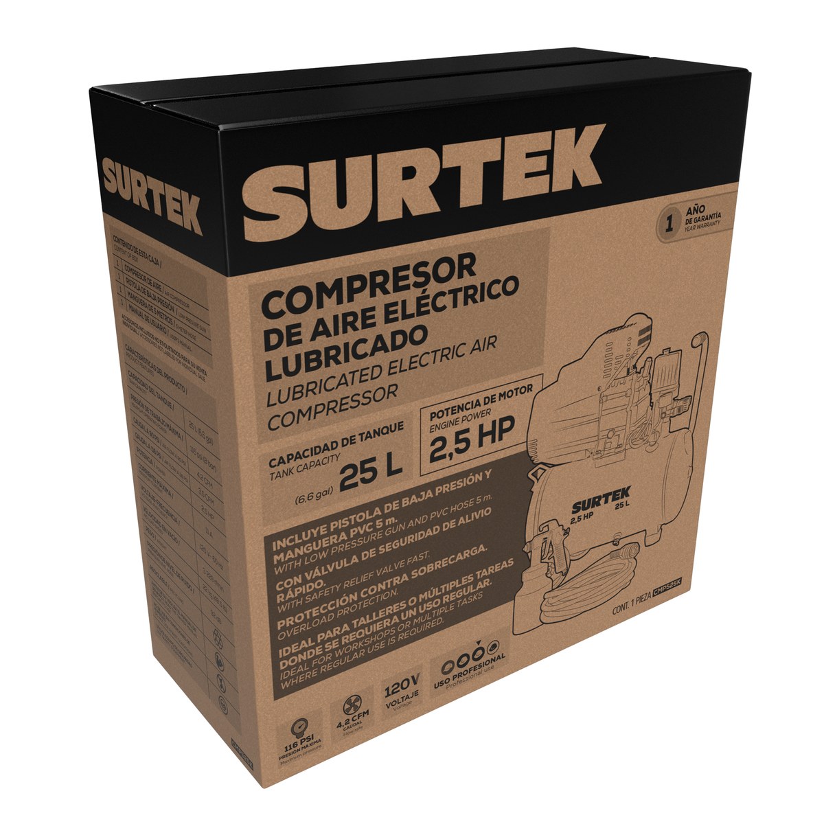 Compresor de aire eléctrico lubricado con pistola y manguera 25 Lt 2.5 HP, 120 V Surtek - Imagen 2