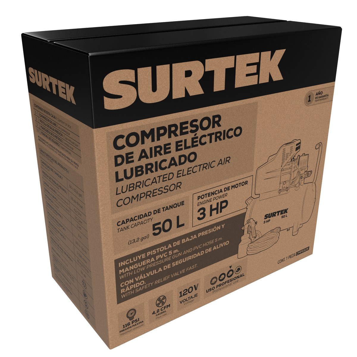 Compresor de aire eléctrico lubricado con pistola y manguera 50 Lt 3 HP, 120 V Surtek - Imagen 2