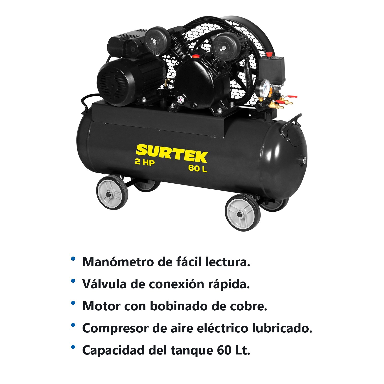 Compresor de aire eléctrico con transmisión de banda 60L, 2HP, 120V Surtek - Imagen 2