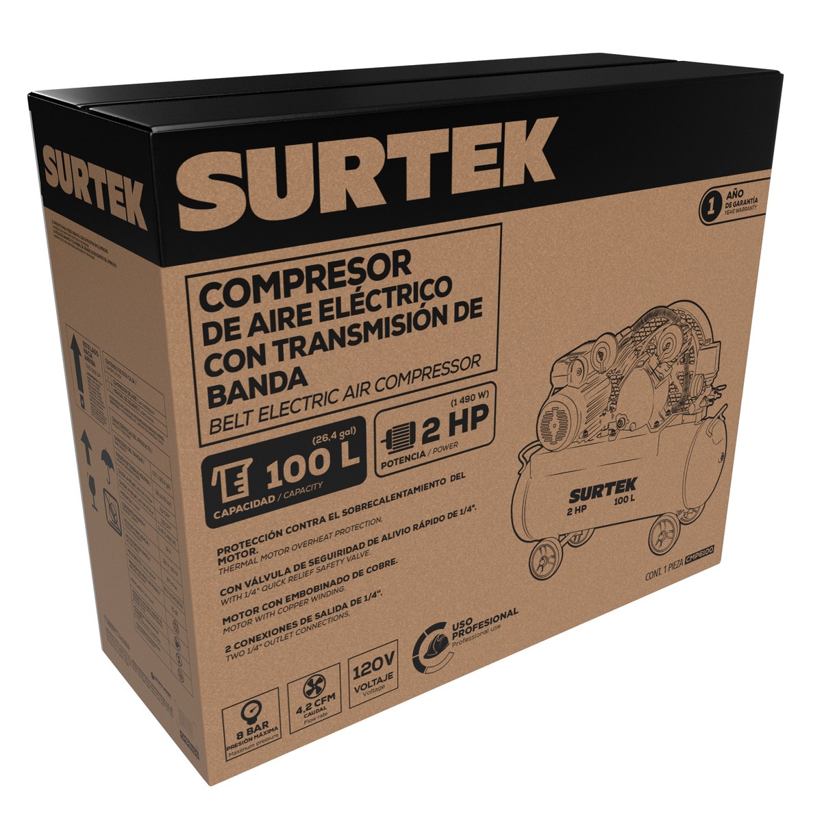 Compresor de aire eléctrico con transmisión de banda 100L, 2HP, 120V Surtek - Imagen 2
