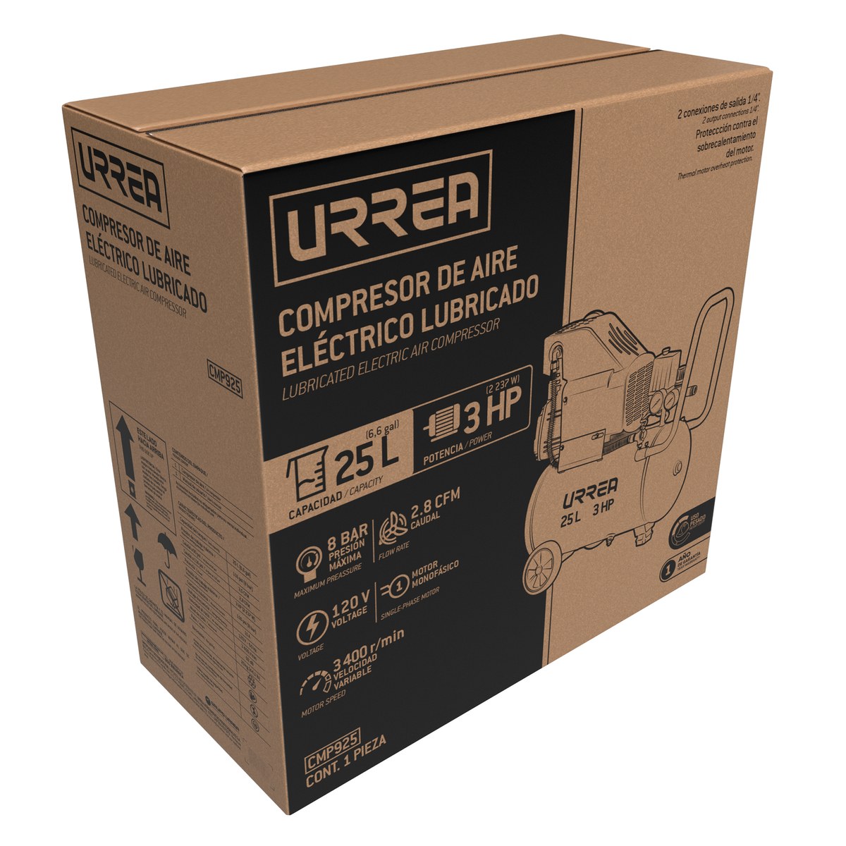 Compresor de aire eléctrico lubricado 25L, 3HP, 120V Urrea - Imagen 2