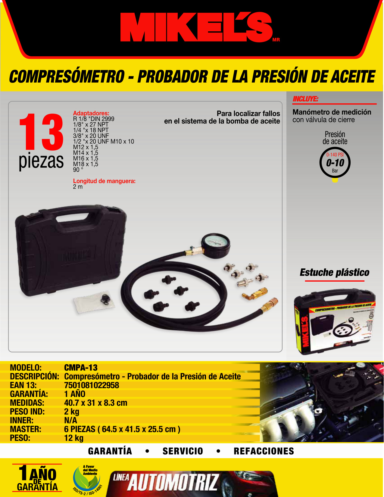 MIKELS CMPA-13 Kit compresómetro-probador de la presión de aceite - Imagen 4